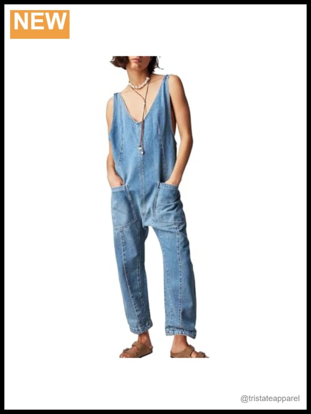 Women's Loose Fit Denim Overalls Sleeveless V Neck Adjustable Straps